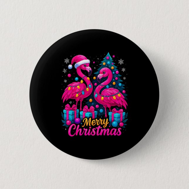 Chapa Redonda De 5 Cm Merry Christmas Flamingo Xmas  (Anverso)