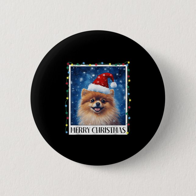 Chapa Redonda De 5 Cm Merry Christmas Meranian Santa Hat Xmas Dog Lights (Anverso)