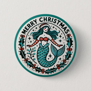 Chapa Redonda De 5 Cm Merry Christmas Mermaid