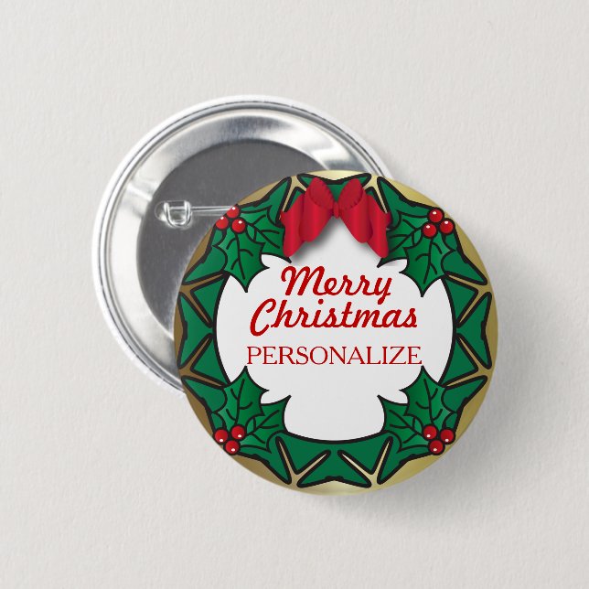 Chapa Redonda De 5 Cm Merry Christmas Name Wreath (Anverso y reverso)