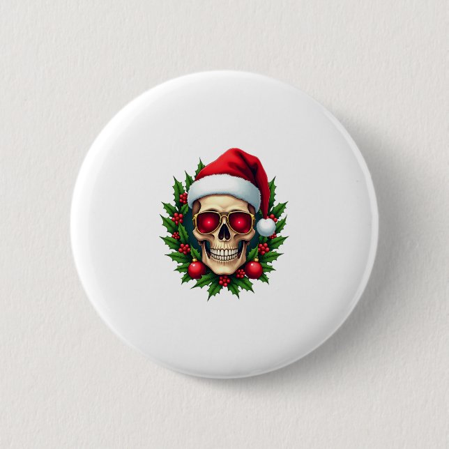 Chapa Redonda De 5 Cm Merry Christmas Sugar Skull Santa Hat Family Xmas  (Anverso)