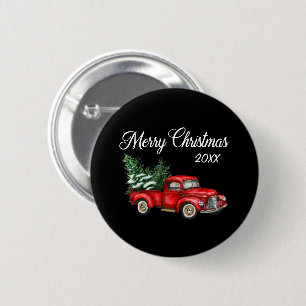 Chapa Redonda De 5 Cm Merry Christmas Tree Date Vintage Red Truck Black