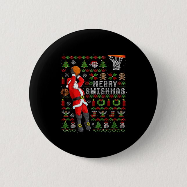 Chapa Redonda De 5 Cm Merry Swishmas Ugly Christmas Basketball Christmas (Anverso)