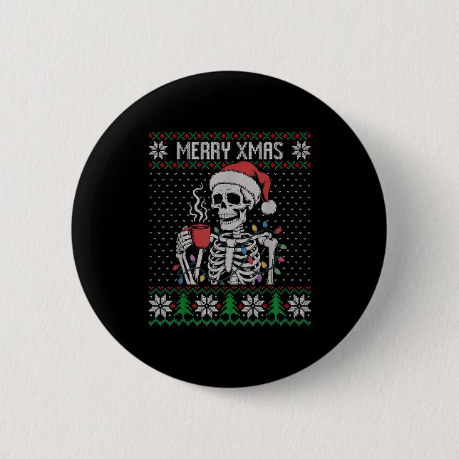 Chapa Redonda De 5 Cm Merry Xmas Skeleton Ugly Sweater, Skull Wearing Sa (Anverso)