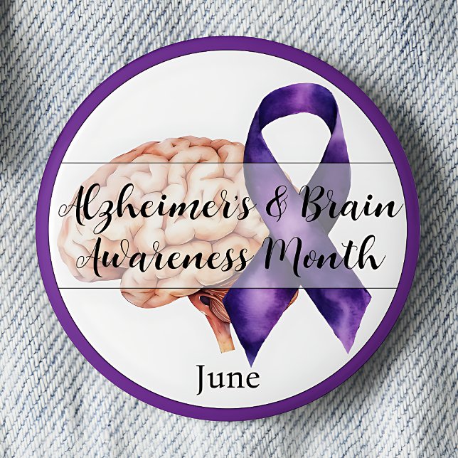 Chapa Redonda De 5 Cm Mes de Alzheimer y Concienciación Cerebral Junio C (Alzheimers and Brain Awareness Month. June. Purple awareness ribbon.)