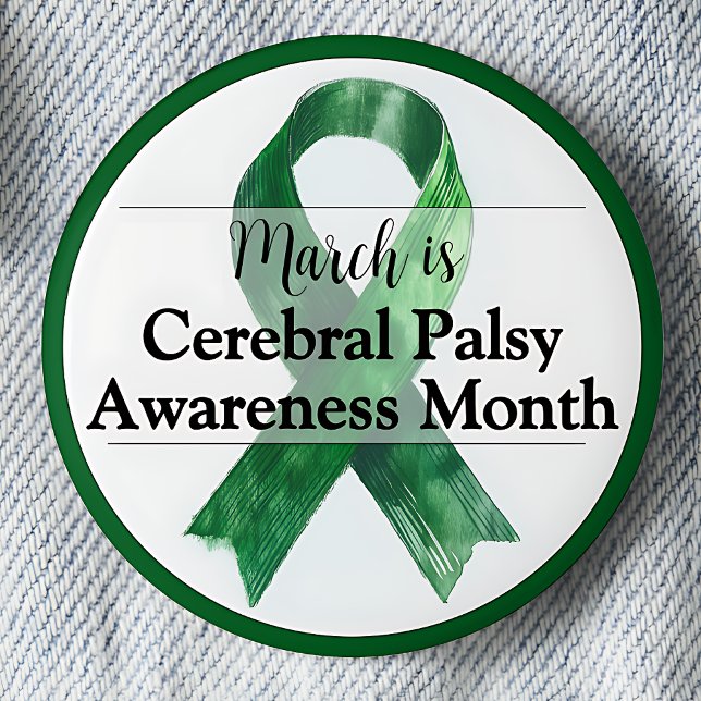 Chapa Redonda De 5 Cm Mes de Conciencia sobre la Parálisis Cerebral de m (March is Cerebral Palsy Awareness Month.  Green Awareness ribbon.)