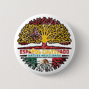 Chapa Redonda De 5 Cm México España México Bandera de las raíces de árbo