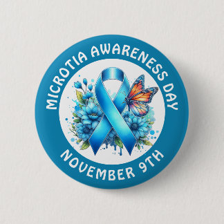 Chapa Redonda De 5 Cm Microtia Blue Awareness Day Ribbon and Butterfly