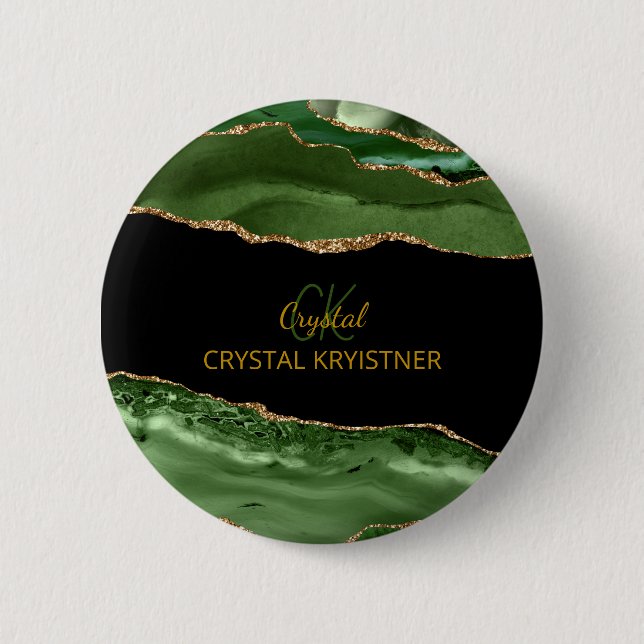Chapa Redonda De 5 Cm Modern Green and Gold Glitter Monogram  (Anverso)
