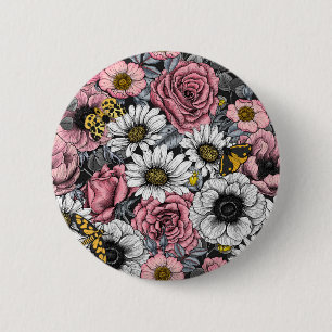 Chapa Redonda De 5 Cm Modos de mezcla de flores en rosa y gris
