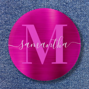 Chapa Redonda De 5 Cm Monograma de firma rosa brillante con foil