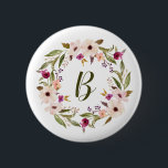 Chapa Redonda De 5 Cm Monograma de flor de color de agua bohemio<br><div class="desc">Botón de fijación de inspiración bohemia con flores acuarelas violetas y marfil con corona de follaje. Este botón de personalizable con un pasador monograma es perfecto para un regalo personalizado.</div>