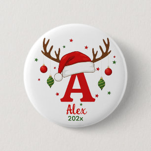Chapa Redonda De 5 Cm Monograma de Navidad Personalizado A Gorro de Sant
