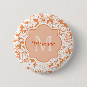 Chapa Redonda De 5 Cm Monograma femenino floral anaranjado moderno con