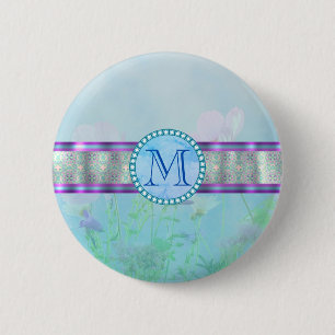 Chapa Redonda De 5 Cm Monograma Floral Azul Pastel