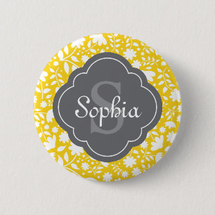 Chapa Redonda De 5 Cm Monograma gris Quatrefol Patrón floral amarillo