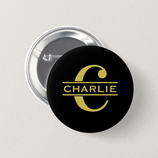 Chapa Redonda De 5 Cm Monograma Personalizado Y Nombre Negro Y Oro (Anverso y reverso)