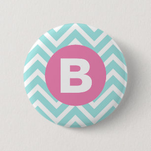 Chapa Redonda De 5 Cm Monograma rosa chevron azul claro de moda