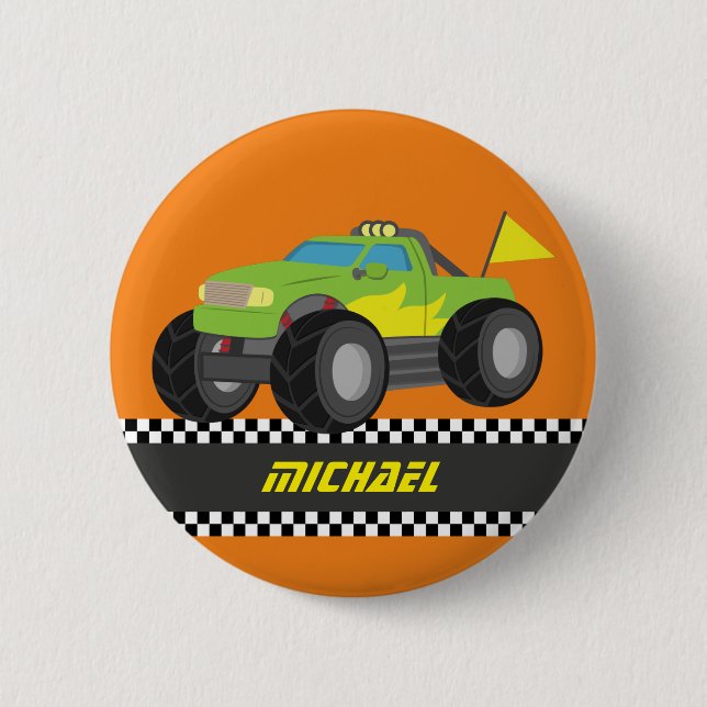 Chapa Redonda De 5 Cm Monster truck fresco del verde de las Carreras (Anverso)