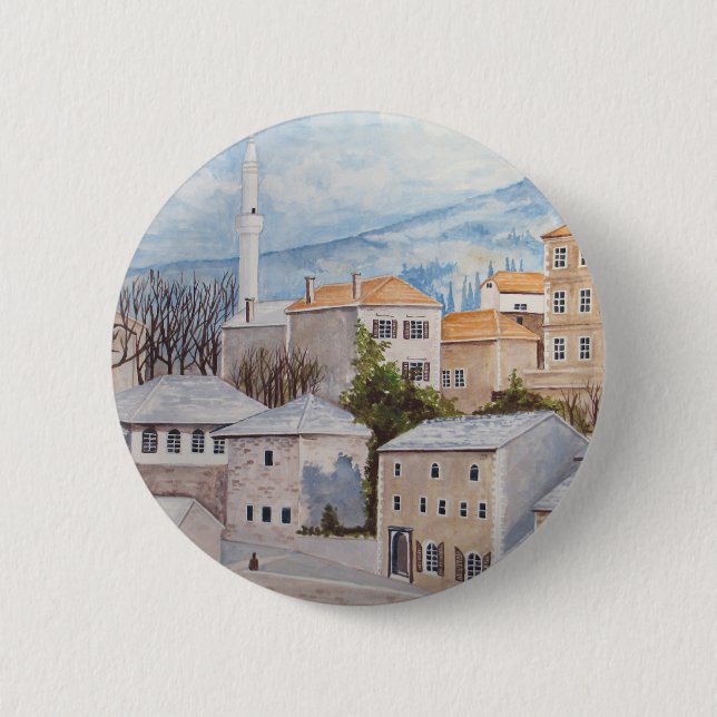 Chapa Redonda De 5 Cm Mostar, Bosnia - Pintura del paisaje de acrílico (Anverso)