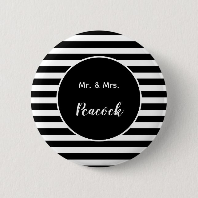 Chapa Redonda De 5 Cm Mr & Mrs Surname Black and White Stripes (Anverso)
