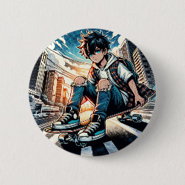 Chapa Redonda De 5 Cm Muchacho de arte pop en el Skateboard en la ciudad