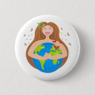 Chapa Redonda De 5 Cm Mujer abrazando el planeta Tierra