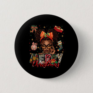 Chapa Redonda De 5 Cm Mujer negra afroamericana Feliz Navidad Pajam