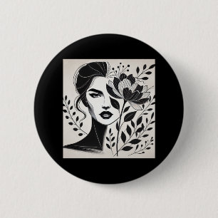 Chapa Redonda De 5 Cm Mujer Segura En Arte De Línea Floral Y Abstracta