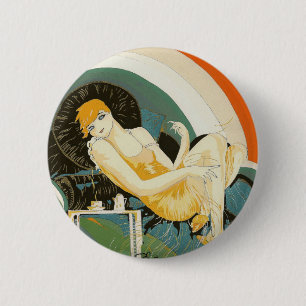 Chapa Redonda De 5 Cm Mujer vintage Art Déco reclinada en sofá, Chompre