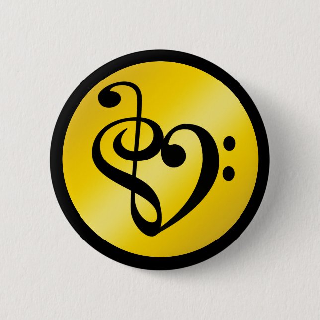 Chapa Redonda De 5 Cm Music Love Heart Symbol Clef Notes in Gold Black (Anverso)