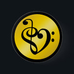 Chapa Redonda De 5 Cm Music Love Heart Symbol Clef Notes in Gold Black<br><div class="desc">El botón con el símbolo de la arpa dorada de la música limpia da un aspecto elegante en la cara dorada negra.</div>