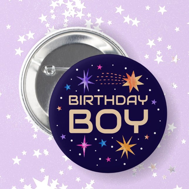 Chapa Redonda De 5 Cm Nacimiento Niño Espacial Exterior Estrellas Oscura (Birthday Boy Outer Space Stars Dark Purple Button)