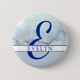Chapa Redonda De 5 Cm Name   Monogram Blue Watercolor