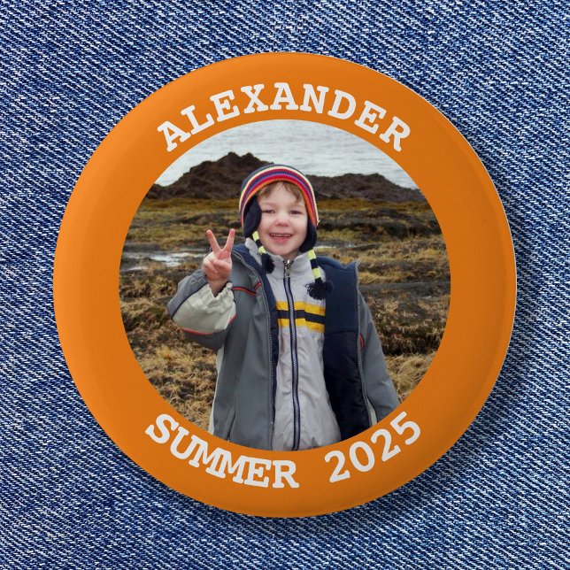 Chapa Redonda De 5 Cm Naranja brillante fotográfico de familia redonda p (Personalized Round Family Photo Bright Orange Button)