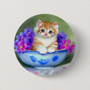 Chapa Redonda De 5 Cm Naranja de época y Ilustracion de gatito blanco