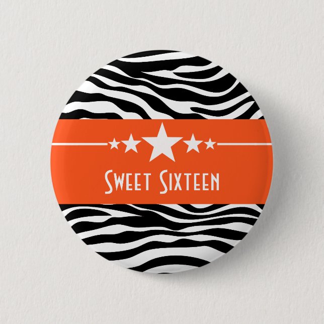 Chapa Redonda De 5 Cm Naranja Stars Zebra Print Sweet 16 Button (Anverso)
