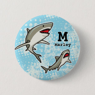 Chapa Redonda De 5 Cm Natación de tiburones, adición de nombre y monog