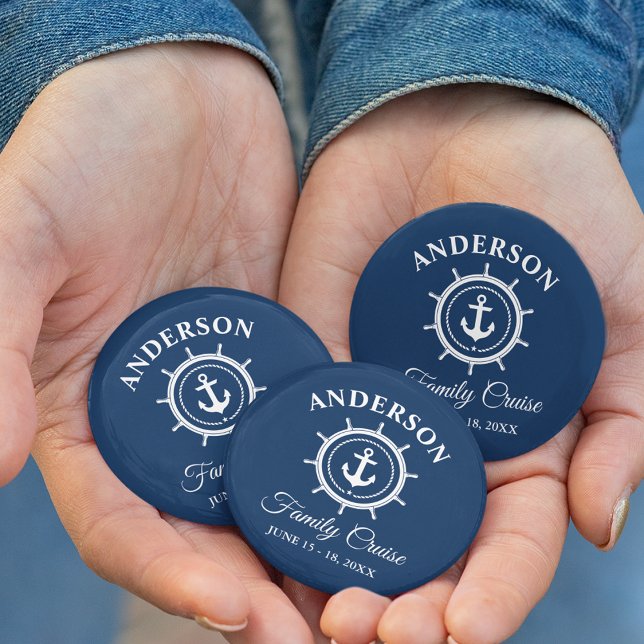Chapa Redonda De 5 Cm Nautical Anchor Helm Nave Blue Family Cruise (Customize to change background color.)