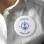Chapa Redonda De 5 Cm Nautical Compass Anchor Capitán Naval Nombre Barco<br><div class="desc">Ancla de la brújula azul de la marina y botón del Personalizable y nombre del barco personalizado.</div>