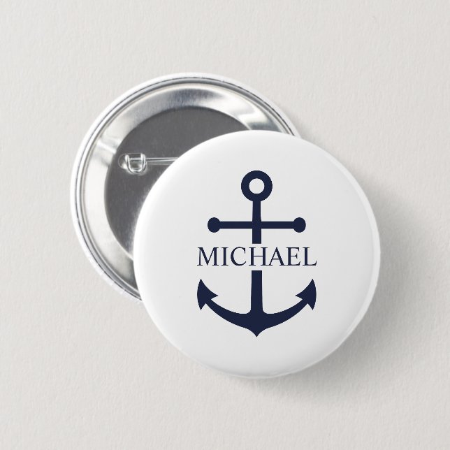 Chapa Redonda De 5 Cm Nautical Navy Blue Anchor Nombre Personalizado (Anverso y reverso)