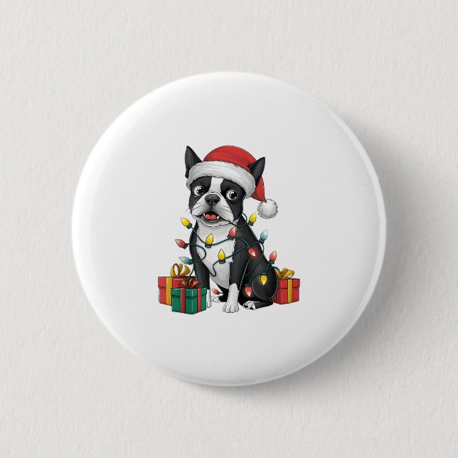Chapa Redonda De 5 Cm Navidad en Santa Hat Boston Terrier Dog (Anverso)