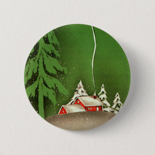 Chapa Redonda De 5 Cm Navidad Vintage, Casa en el Bosque Invierno Nieve