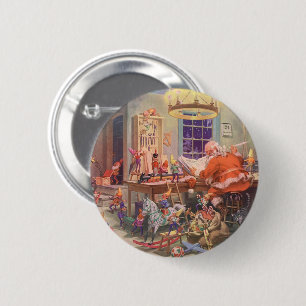Chapa Redonda De 5 Cm Navidad Vintage, Claus Santa con taller de duendes