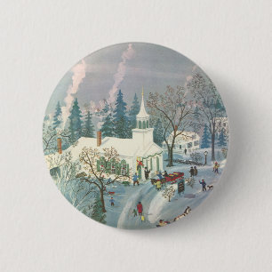 Chapa Redonda De 5 Cm Navidad Vintage, gente yendo a la iglesia en la ni
