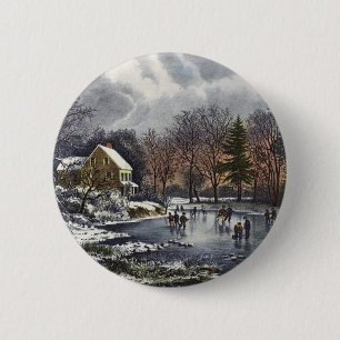Chapa Redonda De 5 Cm Navidad Vintage, Patinadores de Invierno Temprano