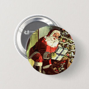 Chapa Redonda De 5 Cm Navidad Vintage, Santa Claus Retro con Regalos