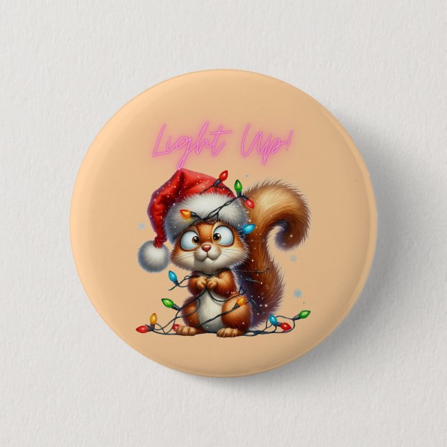 Chapa Redonda De 5 Cm Navidades ardilla con tarjeta de luces festivas (Anverso)