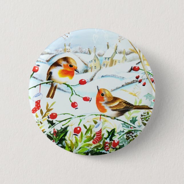 Chapa Redonda De 5 Cm Navidades de Bird Robin Couple Winter Holly (Anverso)
