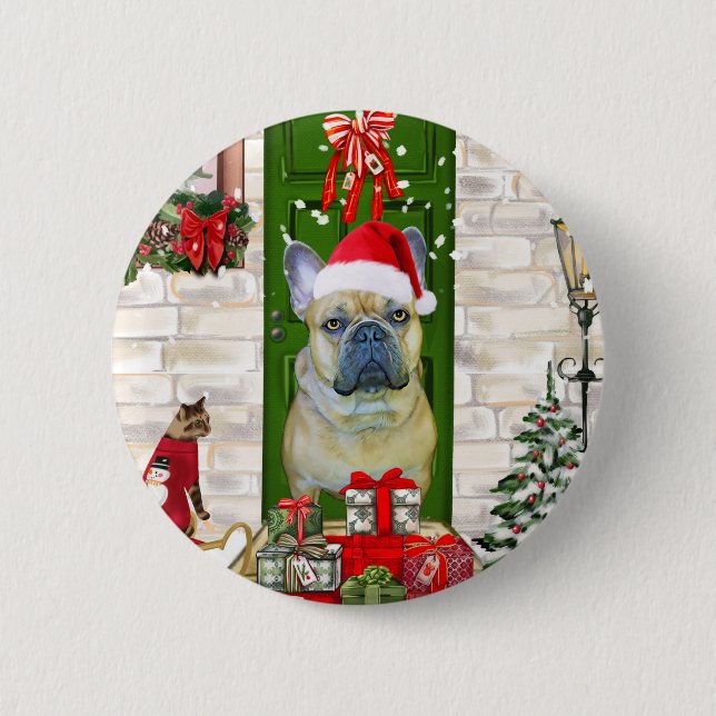 Chapa Redonda De 5 Cm Navidades de Bulldog de Francia (Anverso)